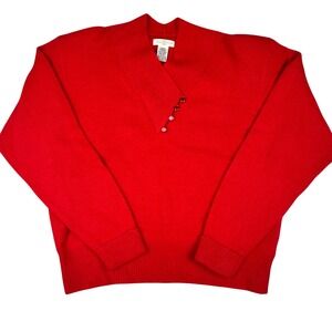 Yarnworks Red V Neck Button Accent Sweater Women's Large Lambswool Angora Blend